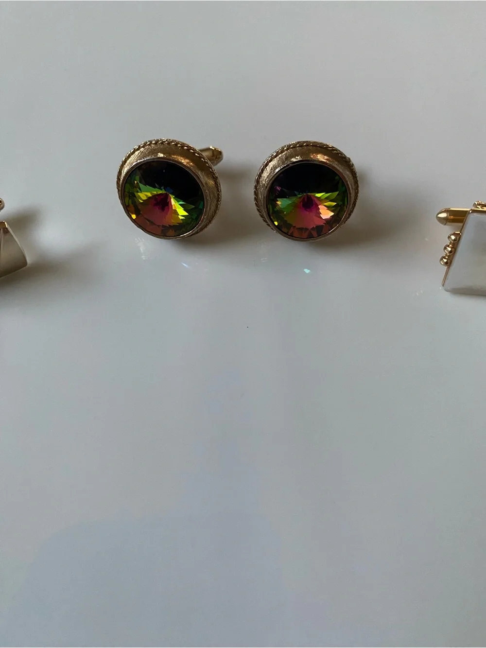 3 sets of Cuff Links. Gold tone, Dante Watermelon & Swank Mother of Pearl